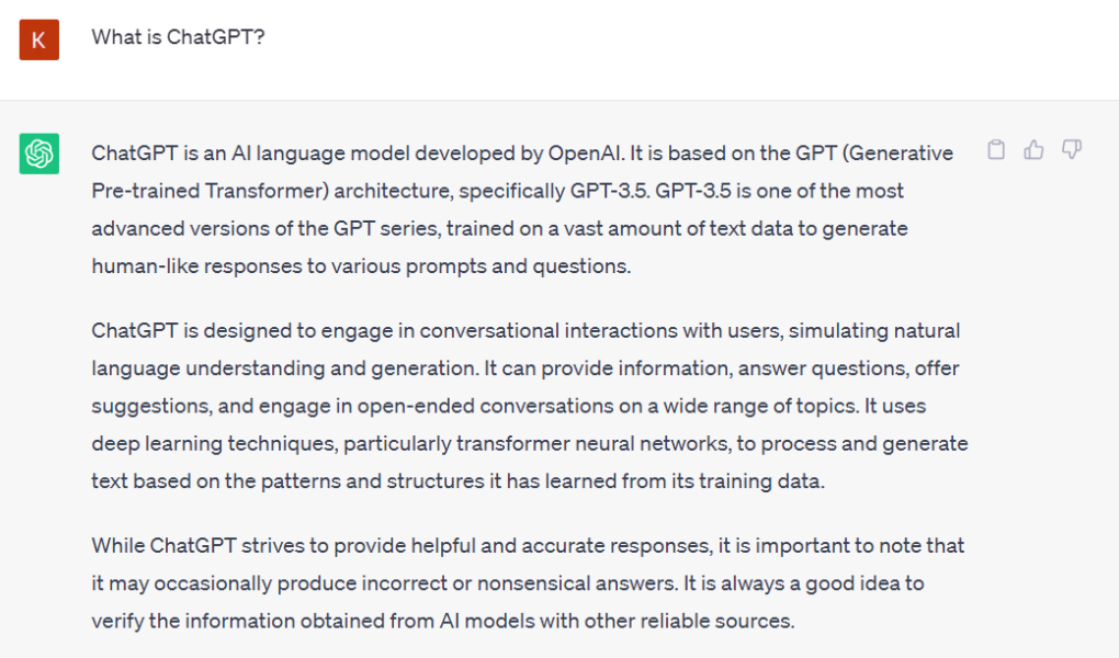 what is ChatGPT?
The answer given out by ChatGPT 